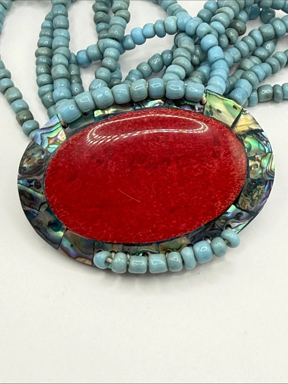 Vintage Southwestern Turquoise Blue Red Abalone Seed Beaded Large Cuff Bracelet